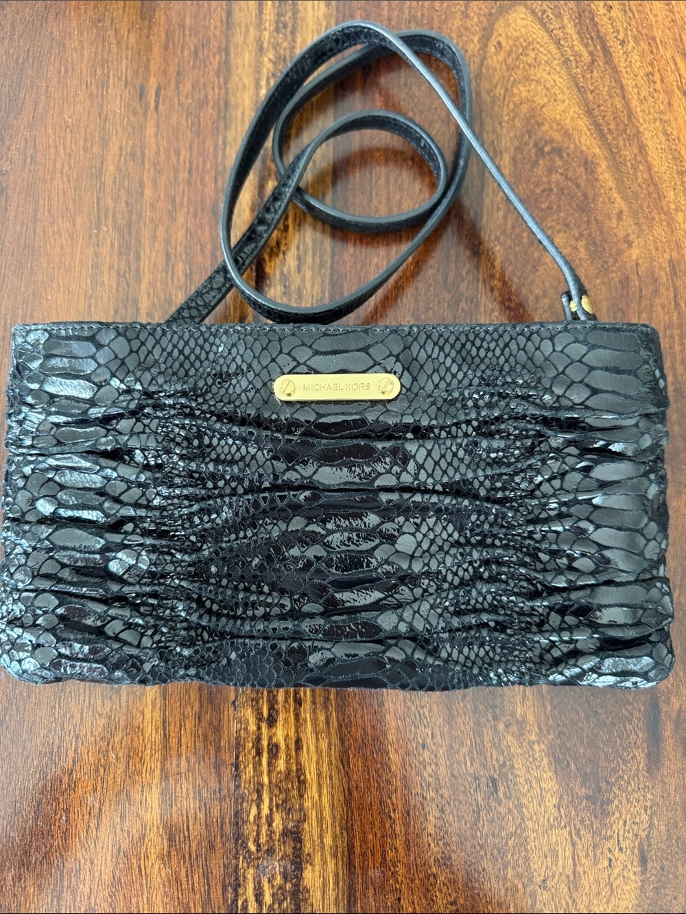 Michael Kors Black Snake-Embossed Patent Cross/ Evening Bag with Gold Hardware